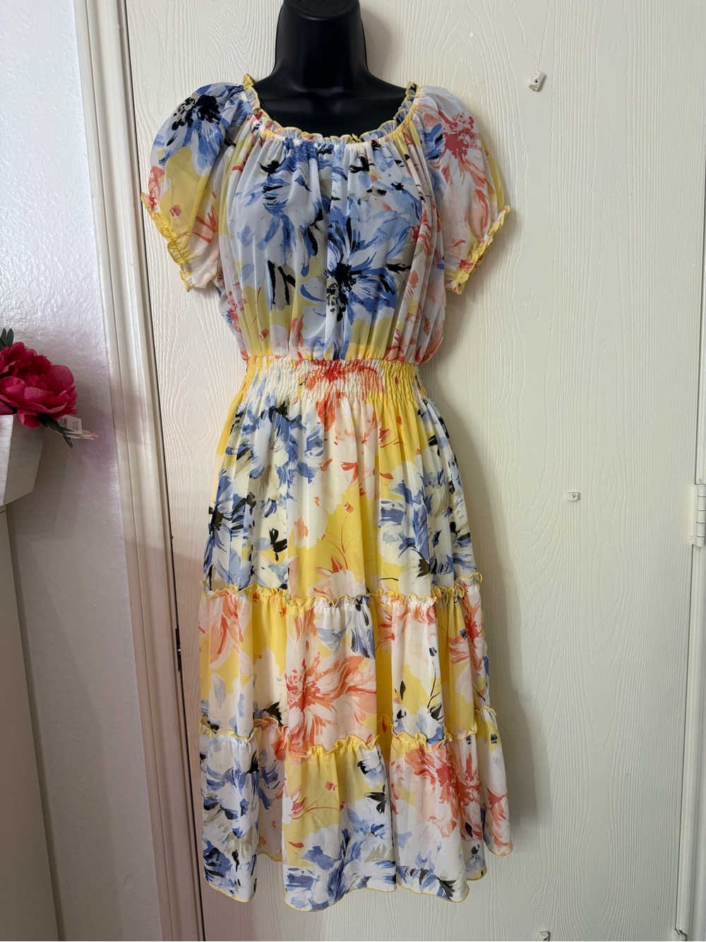 Yellow Floral Tiered Midi Dress with Elastic Waist